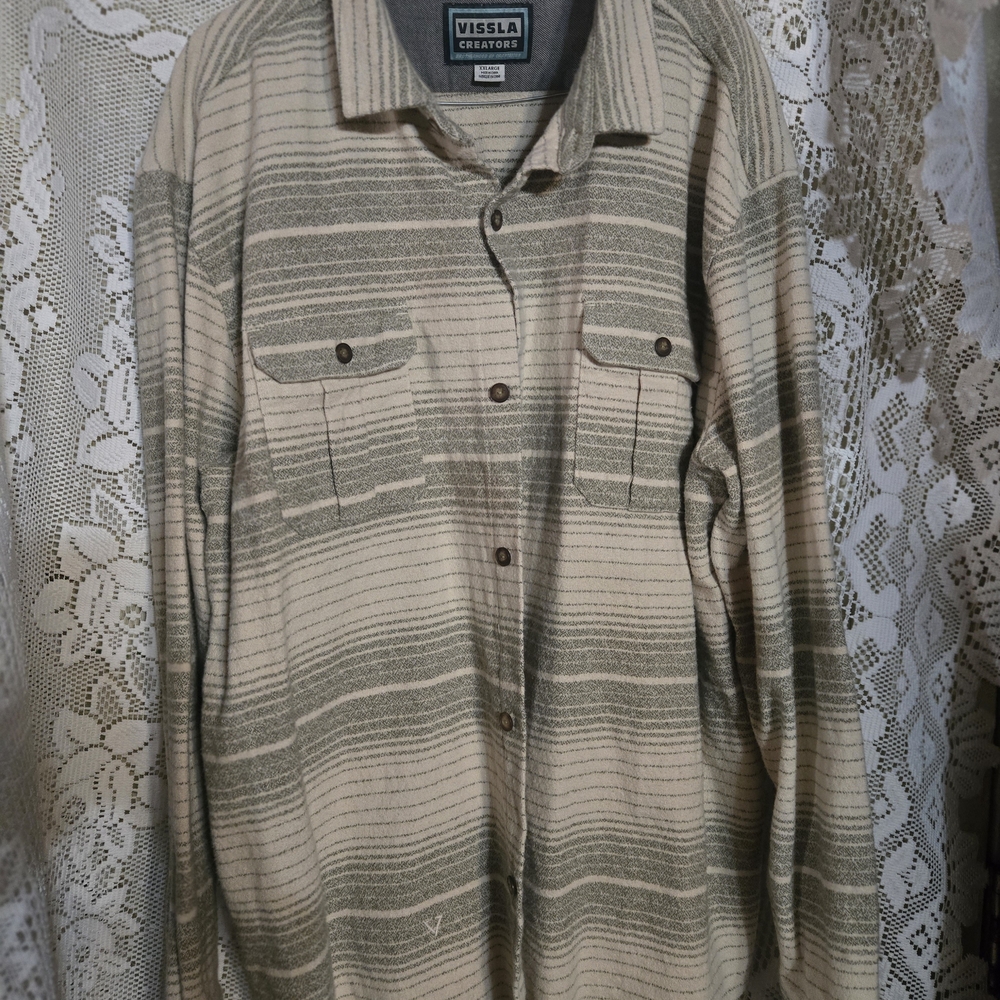 Vissla Men's Striped Button Down Shirt - Cream and Green